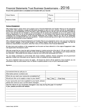 Financial Statements Trust Business Questionnaire 2016 - lala co