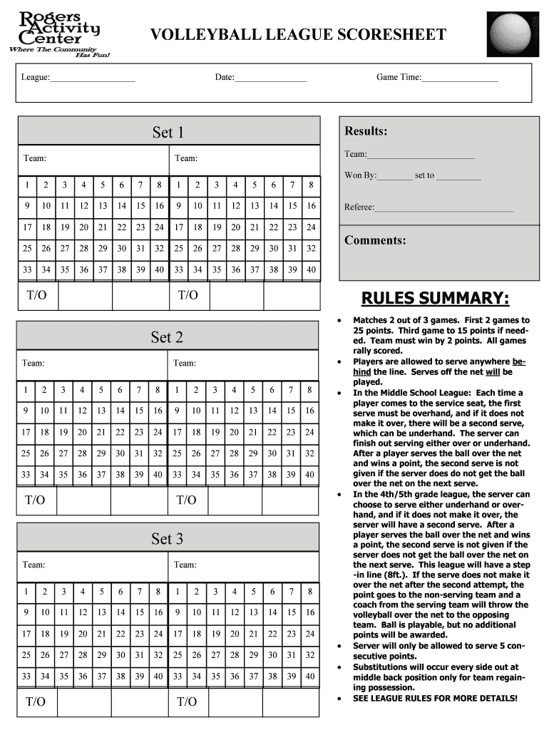 VOLLEYBALL LEAGUE SCORESHEET Set 1 Set 2 Set 3 RULES Preview on Page 1