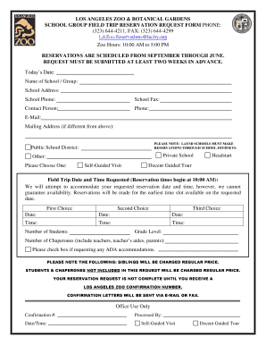 Los Angeles Zoo School Group Field Trip Form