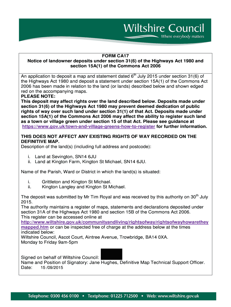 Fillable Online php wiltshire gov FORM CA17 Notice of landowner