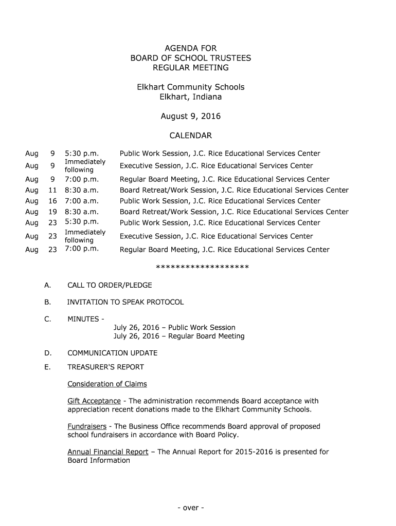 Fillable Online docs elkhart k12 in January 12 2016 Public Board Packet