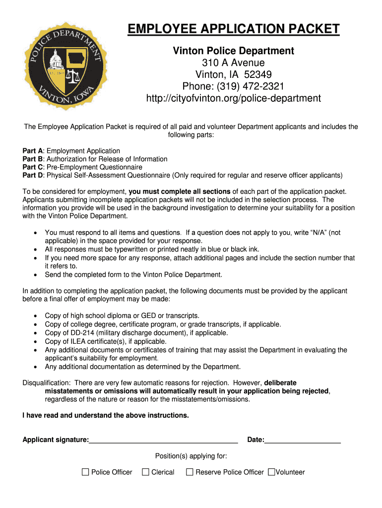 Fillable Online cityofvinton PEACE OFFICER EMPLOYMENT APPLICATION City of Vinton Fax Email