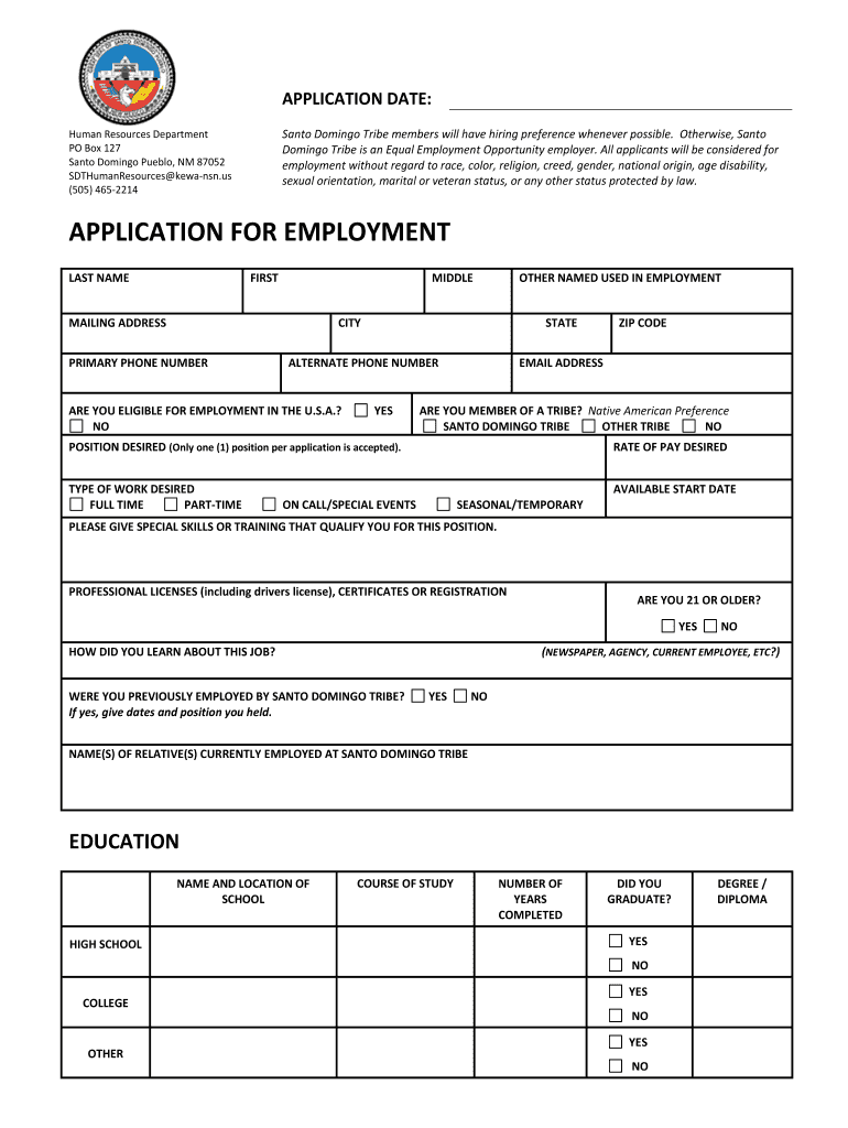 Fillable Online santodomingotribe APPLICATION FOR EMPLOYMENT Santo
