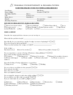 Patient History Form - Vestibular - Triangle Physiotherapy