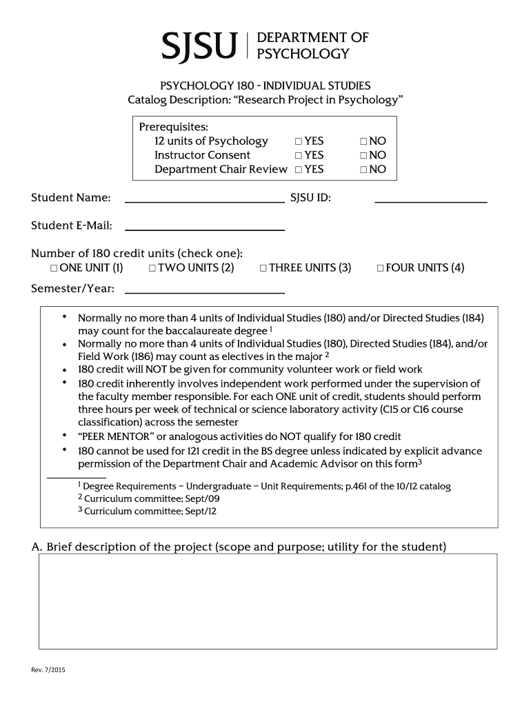 Fillable Online sjsu PSYCHOLOGY 180 INDIVIDUAL STUDIES Catalog