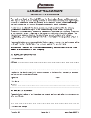 Form 22 Subcontractor Questionnaire - Issue 3.doc - carrollltd co