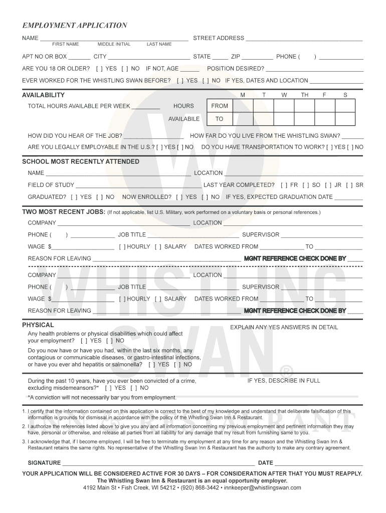 Fillable Online EMPLOYMENT APPLICATION Whistling Swan Fax Email Print