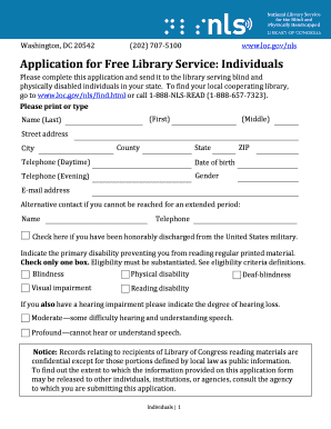 Application for Free Library Service. Application form for a free library program of braille and audio materials circulated to eligible borrowers.
