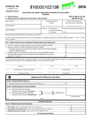 Application and Credit Certificate of Income Tax/LLET Credit Biodiesel - revenue ky