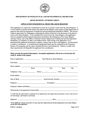 Application for Removal from Abuse Registry - State of Tennessee