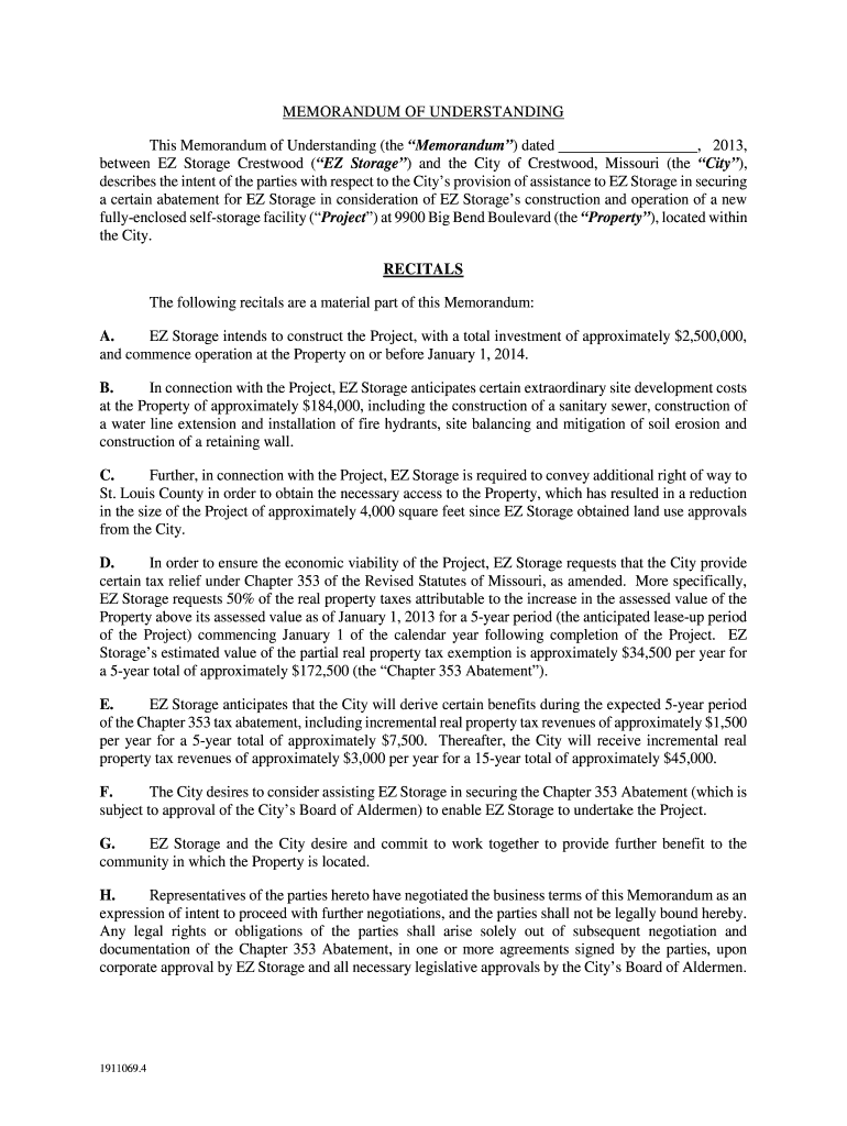 Fillable Online EZ Storage Memorandum of Understanding for Abateme Fax