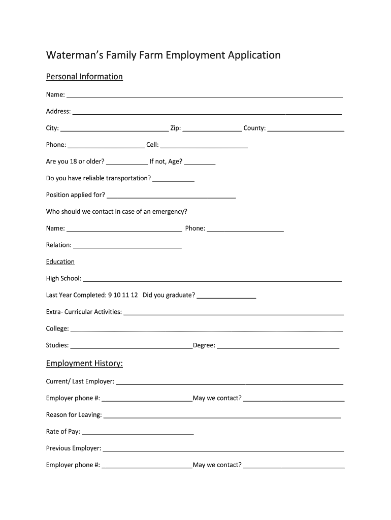 Fillable Online Printable application Watermans Family Farm Fax Email