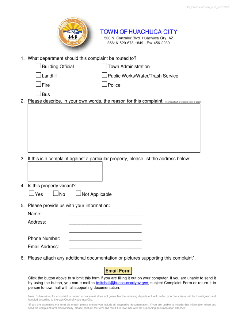 Fillable Online Town of Huachuca City Complaint Form. Town of Huachuca