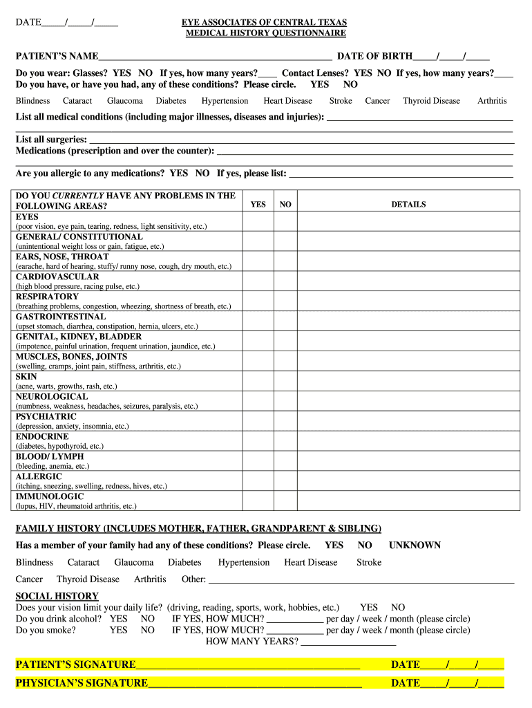 Fillable Online DATE / / EYE ASSOCIATES OF CENTRAL TEXAS MEDICAL