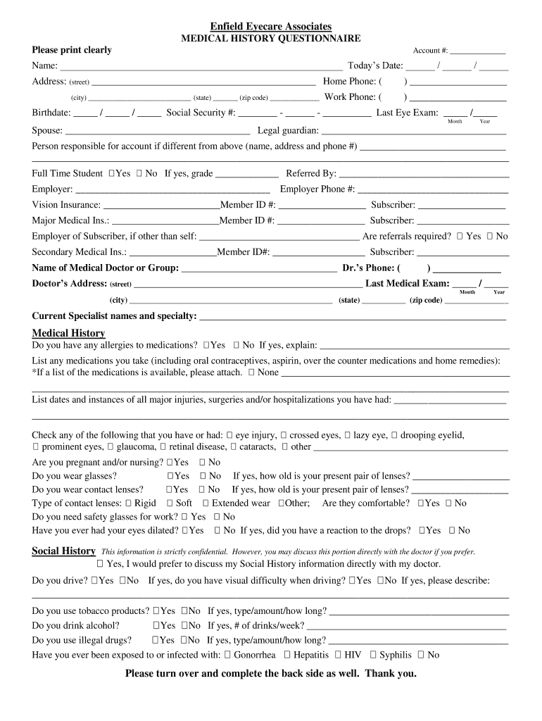Fillable Online Enfield Eyecare Associates MEDICAL HISTORY