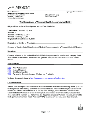 Elective Out-of-State Inpatient Admission - Department of Vermont ... - dvha vermont