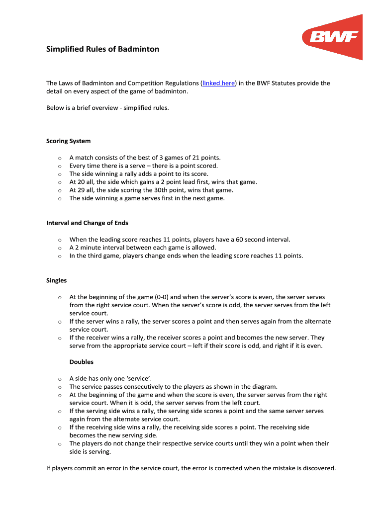 Fillable Online Simplified Rules of Badminton Fax Email Print pdfFiller