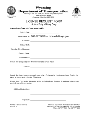 Wyoming Active Duty Military License Request Form