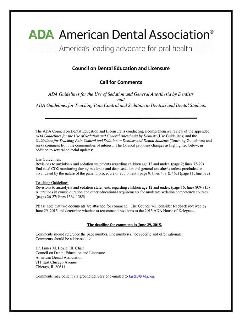 Fillable Online ADA Guidelines for the Use of Sedation and General