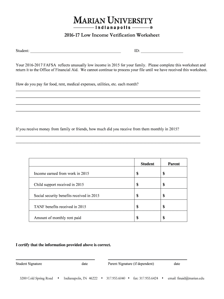 Fillable Online Marian 2016 17 Low Income Verification Worksheet