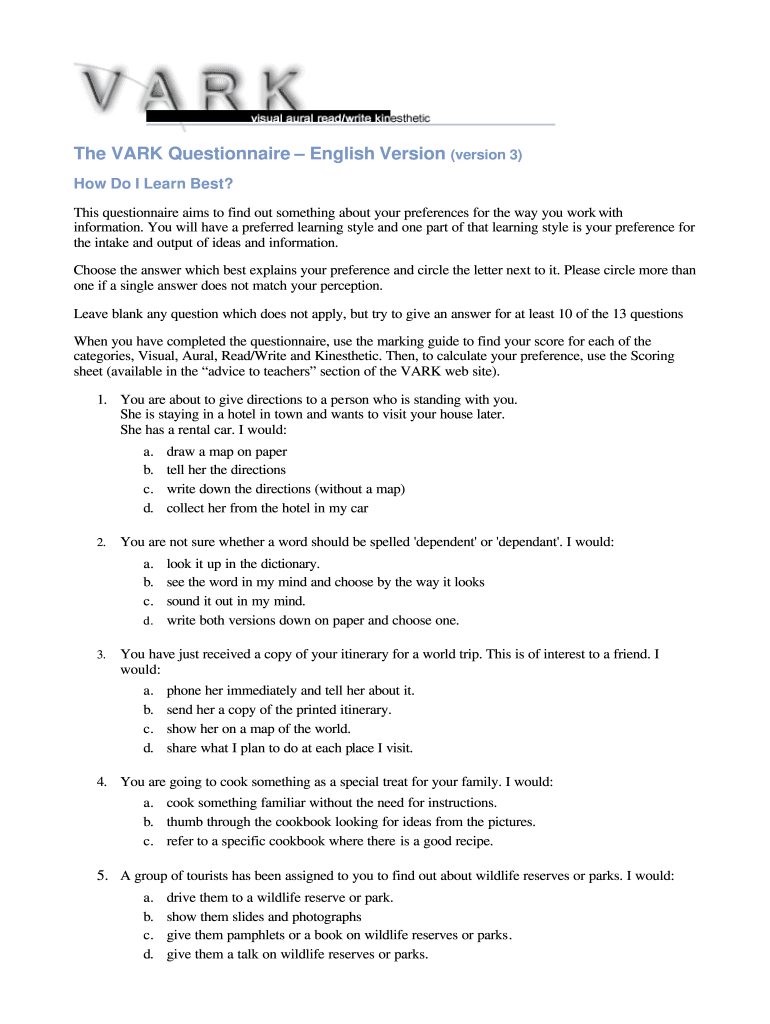 Vark Questionnaire Pdf Fill And Sign Printable Template Online US 