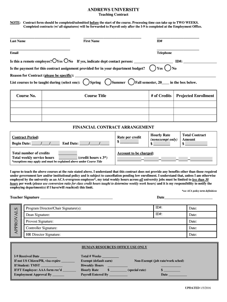 Fillable Online andrews Andrews University TEACHING CONTRACT EMPLOYMENT Fax Email Print pdfFiller