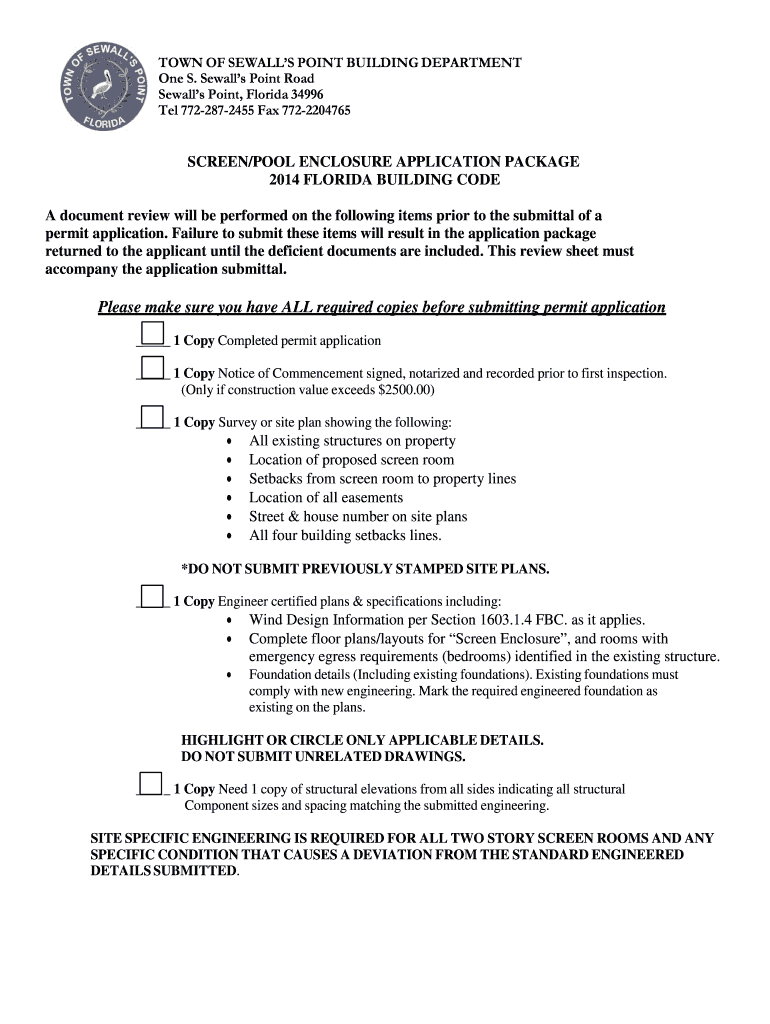 Fillable Online sewallspoint Screen Enclosure Permit Pack Fax Email