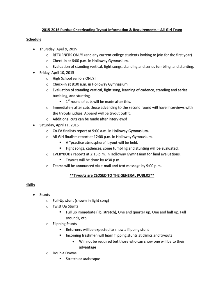 Fillable Online 20152016 Purdue Cheerleading Tryout Information