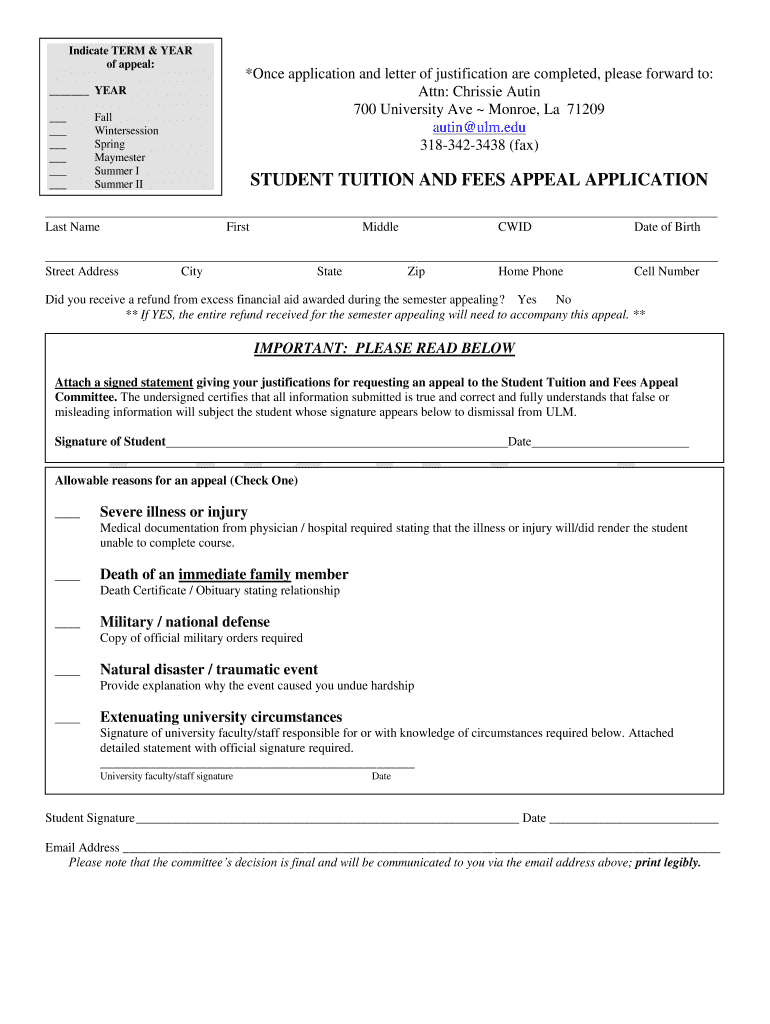 Fillable Online ulm Student Tuition & Fees Appeal Application