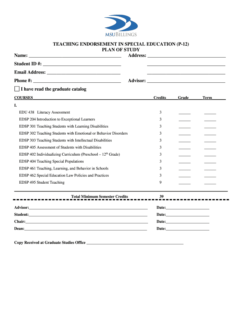 Fillable Online msubillings TEACHING ENDORSEMENT IN SPECIAL EDUCATION ...