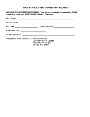 Fillable Online HIGH SCHOOL FINAL TRANSCRIPT REQUEST - Oak Hills ...