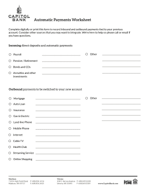 Fillable Online Automatic Payments Worksheet - capitolbank.com Fax ...