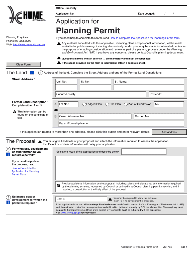 Fillable Online hume vic gov Planning permit application form Hume