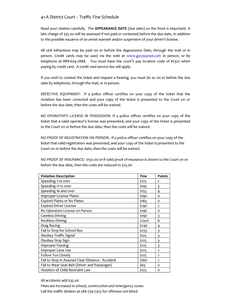 Fillable Online 41A District Court Traffic Fine Schedule Fax Email