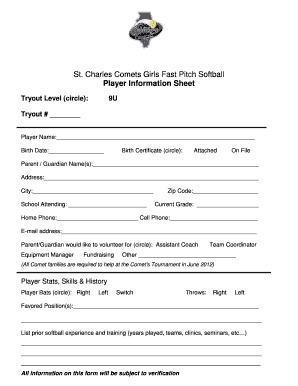 St. Charles Comets Girls Fast Pitch Softball Player Information Sheet