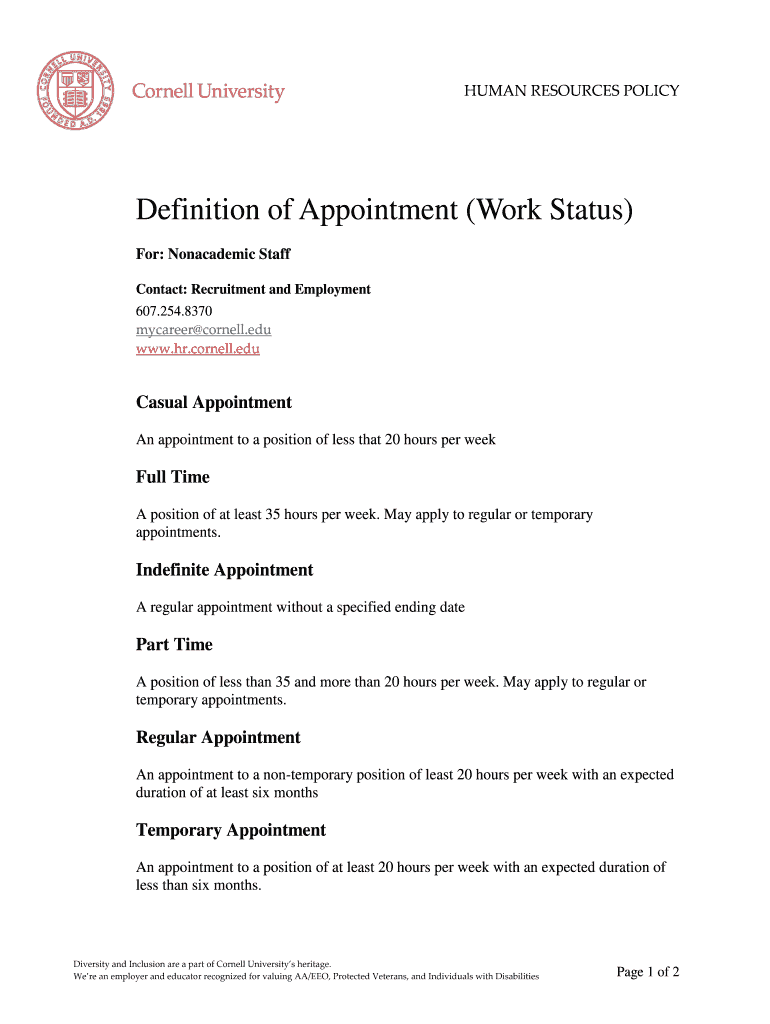 Fillable Online Definition of Appointment (Work Status) Fax Email Print