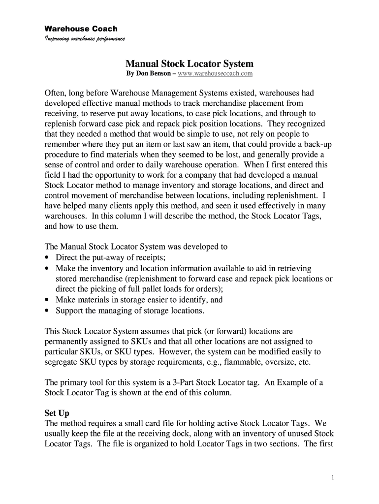 Fillable Online Manual Stock Locator System Material Handling and