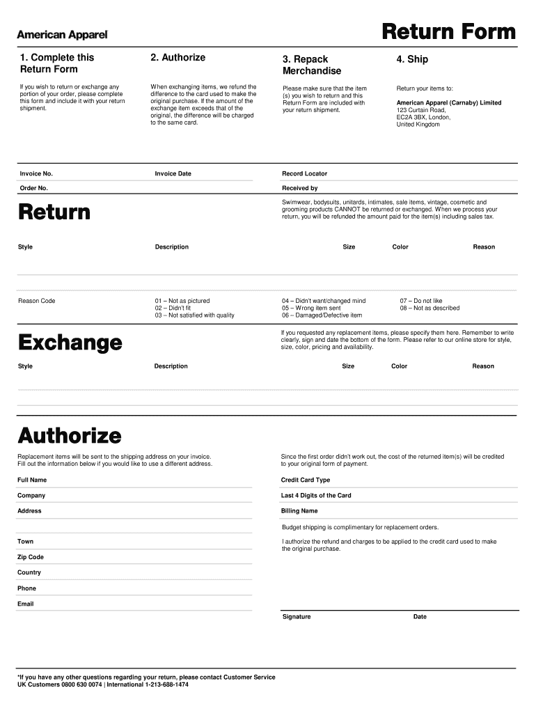 Fillable Online Return Form Return Exchange Authorize HubSlide Fax