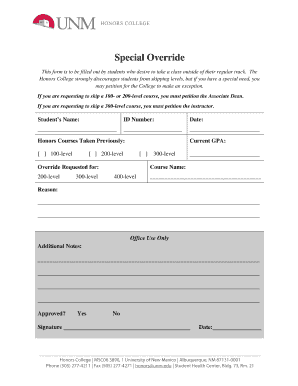 Special Override Instructor Approval Form - Honors College - honors unm