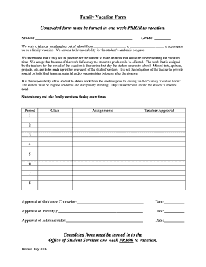 Family Vacation Form Completed form must be turned in one week ...