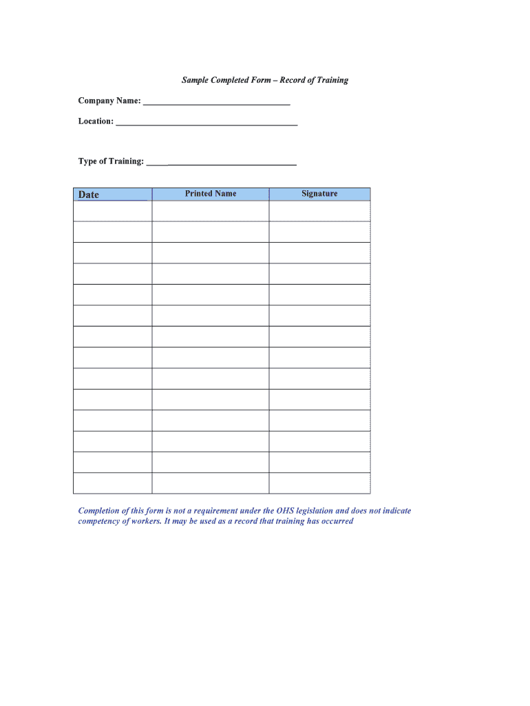 Fillable Online Sample Completed Form Record Of Training Company Name Fillable Online Sample Completed Form Record Of Training Company Name