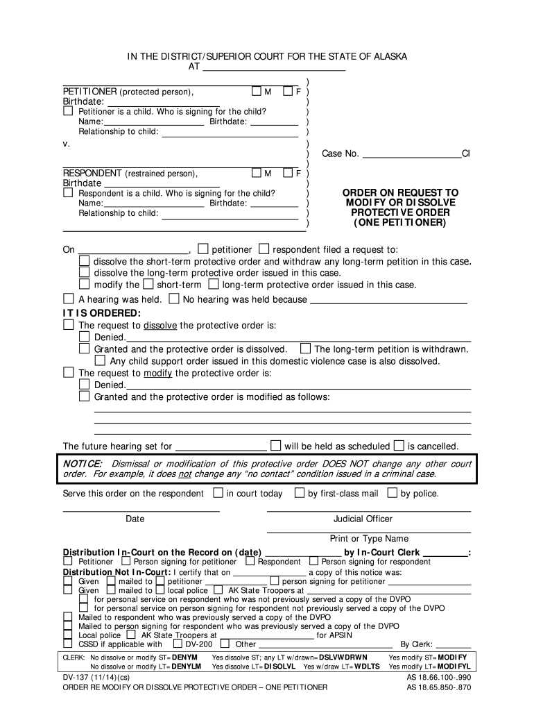 DV-137 Order on Request to Modify or Dissolve Protective Order - 1 Petitioner (11/14). Domestic Violence Forms Preview on Page 1