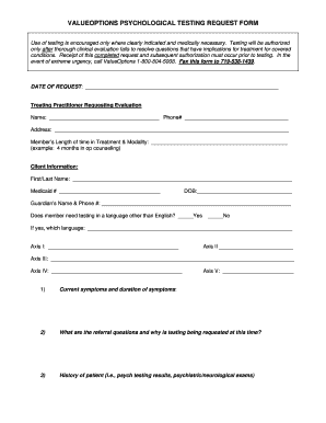 VALUEOPTIONS PSYCHOLOGICAL TESTING REQUEST FORM