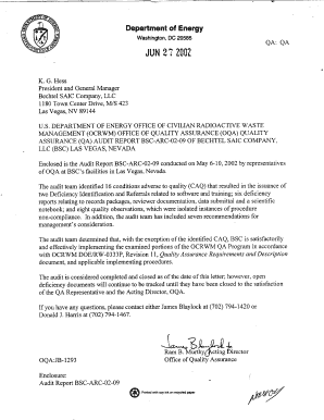 Submittal of Audit Report BSC-ARC-02-09 of Bechtel SAIC Company, LLC from the US Dept of Energy. - nrc