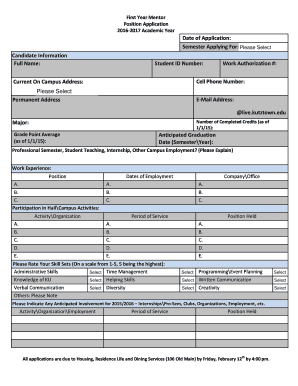 First Year Mentor Position Application 2016-2017 Academic Year - kutztown