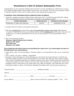 Manufacture's Mail In Rebate Redemption Form