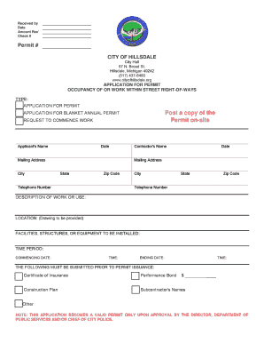 Fillable Online cityofhillsdale Right-of-Way Permit Application - City ...