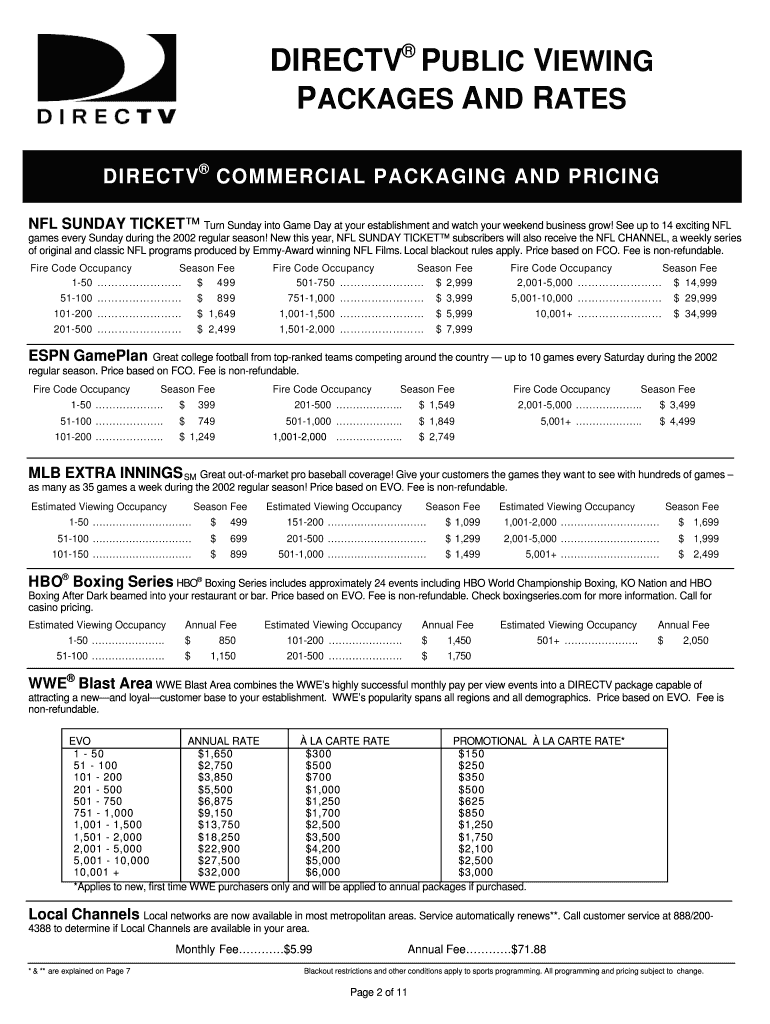 Fillable Online DIRECTV COMMERCIAL PACKAGING AND PRICING Fax Email ...