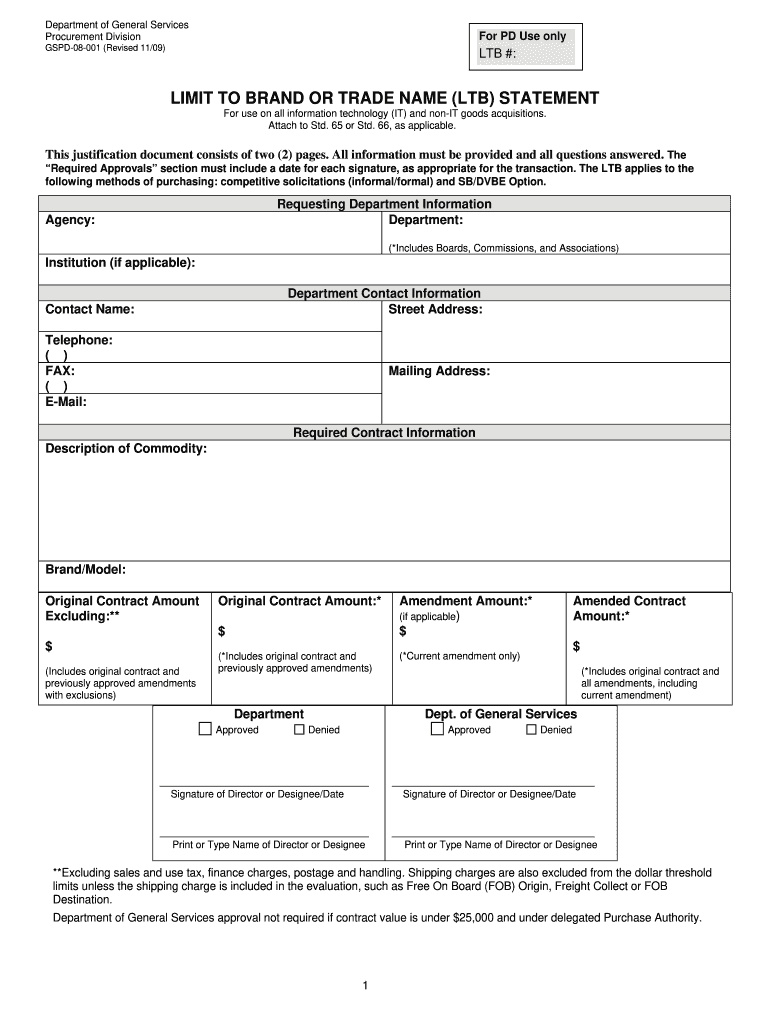 LIMIT TO BRAND OR TRADE NAME (LTB) STATEMENT - documents dgs ca Preview on Page 1