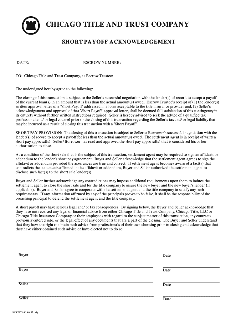 Fillable Online Short Payoff Acknowledgement Chicago Title Insurance